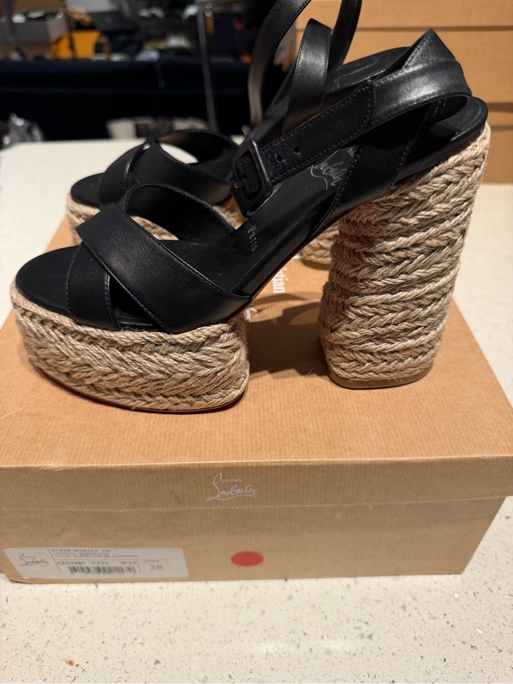 Christian Louboutin Super Mariza 130 Black Leather Espadrille Wedge Sandals - Picture 4 of 11